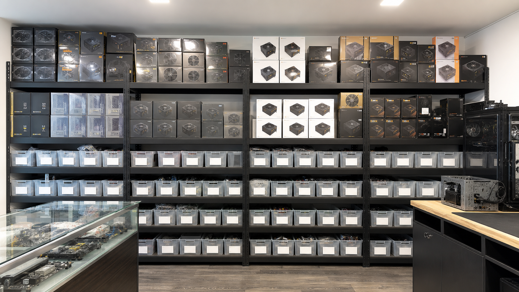 Wall of power supply units organized on a shop shelf