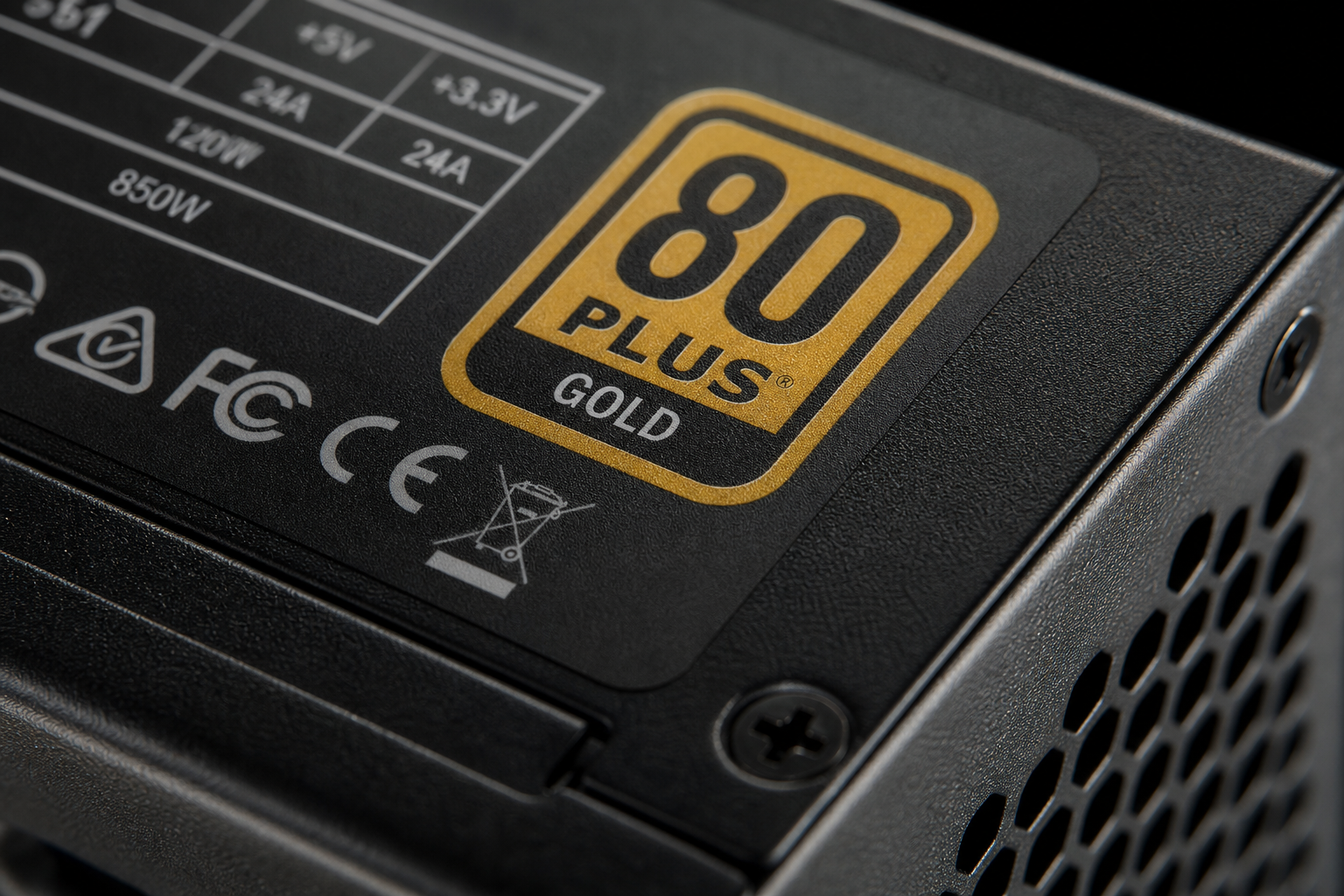 Close-up of gold-rated power supply certification labels