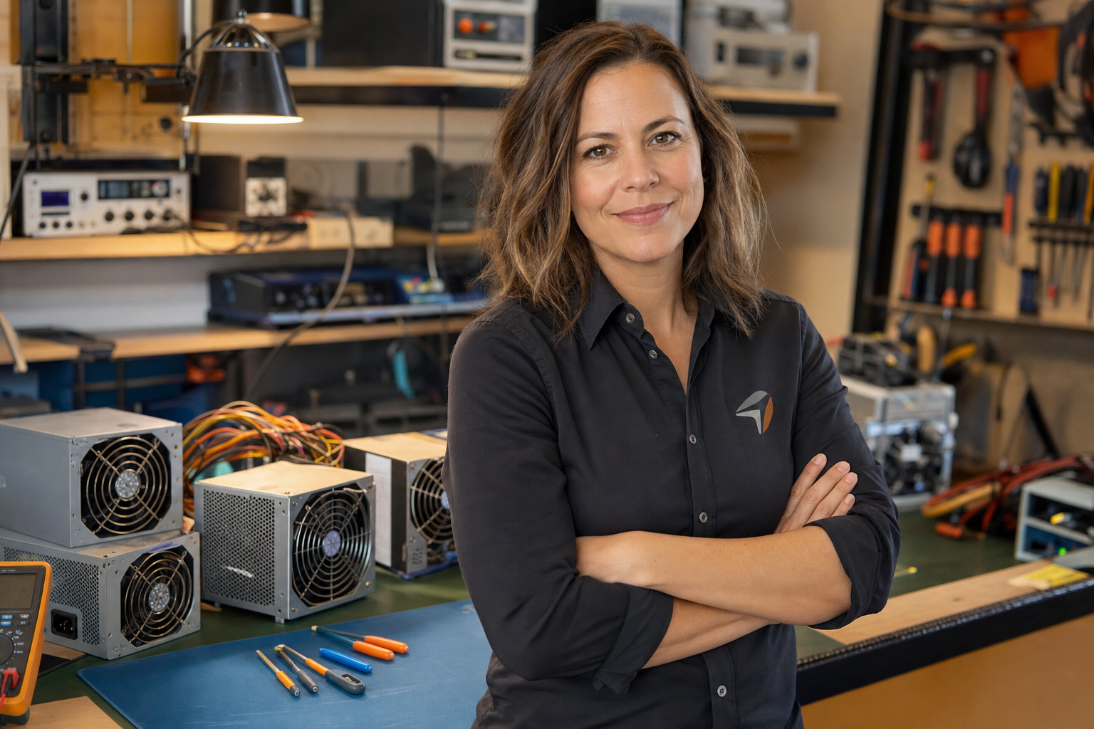 Courtney Diaz, founder of Voltage PSU Lab, at her workbench in Columbus OH